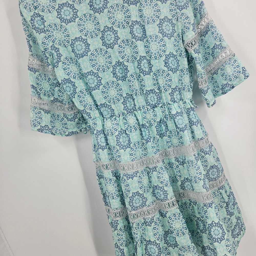Temptation Positano Puebla Linen Dress Green Blue Medallion Lace Trim Mini Sz S - Picture 12 of 13